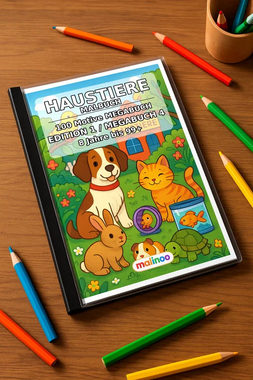 Haustiere Malbuch 100 Ausmalbilder gedruckt+gebunden – Mockup-Ansicht