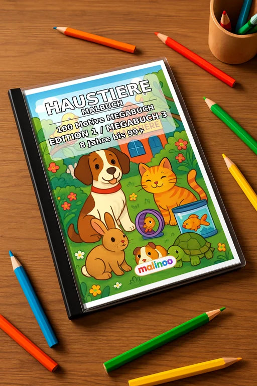 Haustiere Malbuch 100 Ausmalbilder gedruckt+gebunden – Mockup-Ansicht