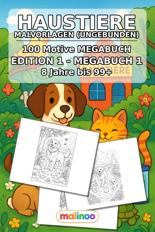 Haustiere Malbuch 100 Ausmalbilder gedruckt, ungebunden – Cover