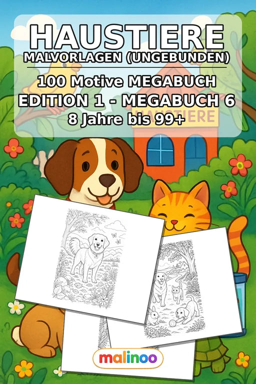 Haustiere Malbuch 100 Ausmalbilder gedruckt+lose – Cover