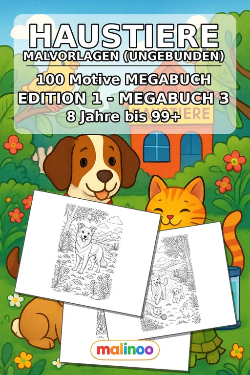 Haustiere Malbuch 100 Ausmalbilder gedruckt, ungebunden – Cover