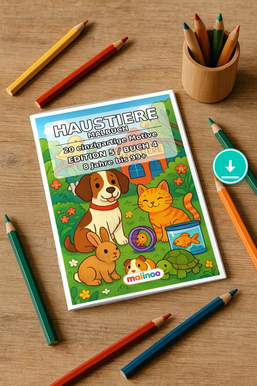 Haustiere Malbuch 20 Ausmalbilder PDF Download – Mockup-Ansicht