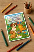Haustiere Malbuch 20 Ausmalbilder gedruckt+gebunden – Mockup-Ansicht