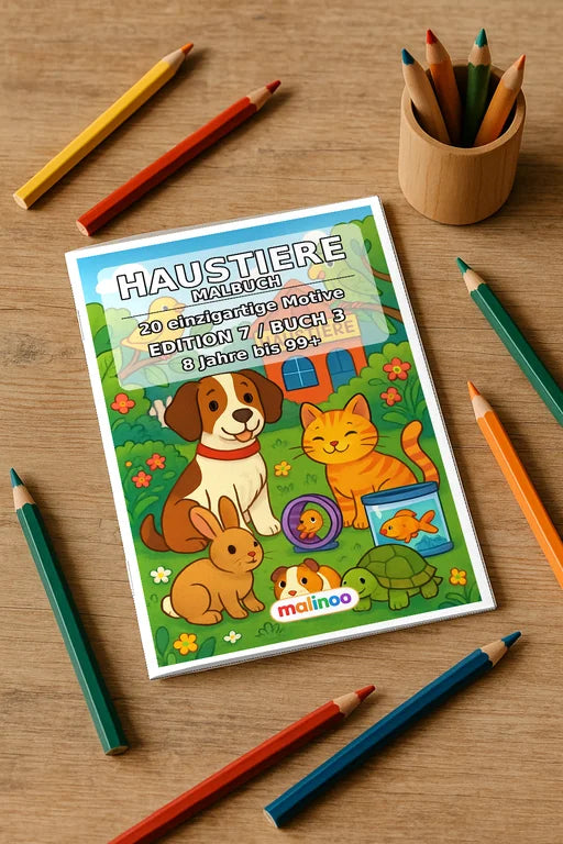 Haustiere Malbuch 20 Ausmalbilder gedruckt+gebunden – Mockup-Ansicht