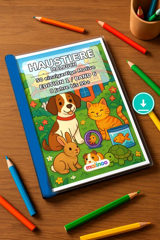 Haustiere Malbuch 50 Ausmalbilder PDF Download – Mockup-Ansicht