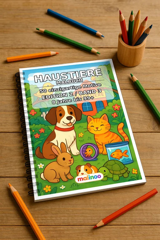 Haustiere Malbuch 50 Ausmalbilder gedruckt und gebunden – Mockup-Ansicht