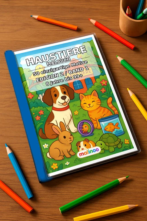 Haustiere Malbuch 50 Ausmalbilder gedruckt+gebunden – Mockup-Ansicht