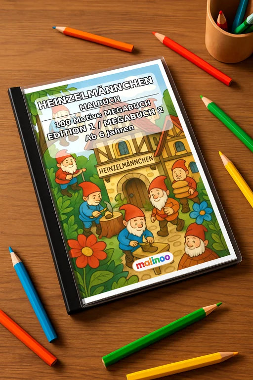 Heinzelmännchen Malbuch 100 Ausmalbilder gedruckt+gebunden – Mockup-Ansicht
