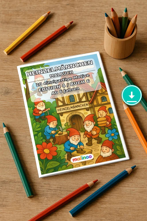 Heinzelmännchen Malbuch 20 Ausmalbilder PDF Download – Mockup-Ansicht