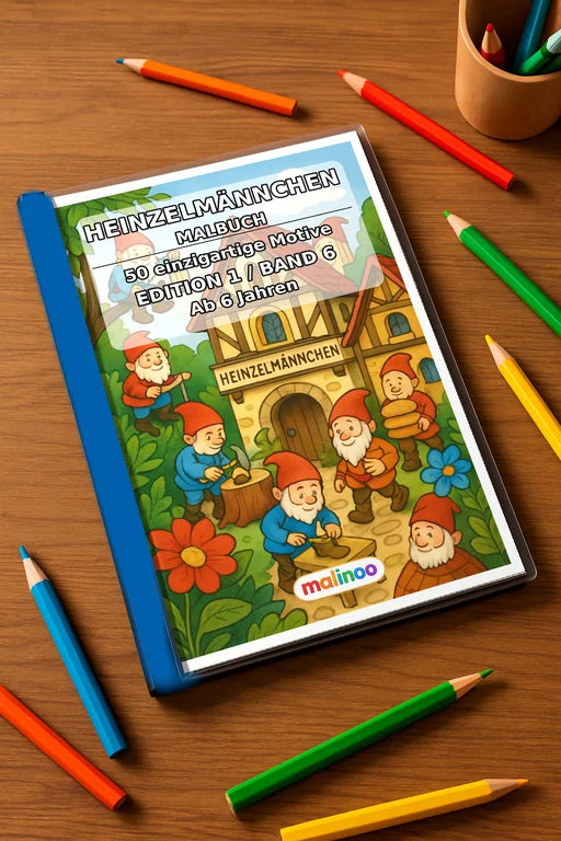 Heinzelmännchen Malbuch 50 Ausmalbilder gedruckt+gebunden – Mockup-Ansicht