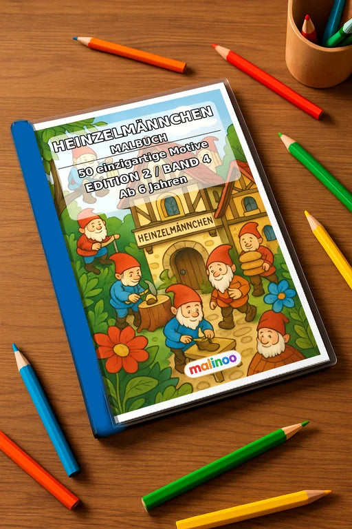 Heinzelmännchen Malbuch 50 Ausmalbilder gedruckt+gebunden – Mockup-Ansicht