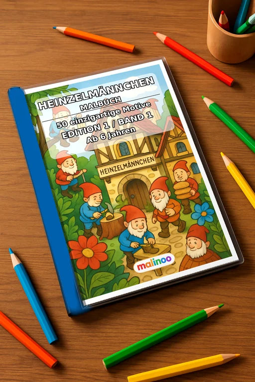 Heinzelmännchen Malbuch 50 Ausmalbilder gedruckt+gebunden – Mockup-Ansicht