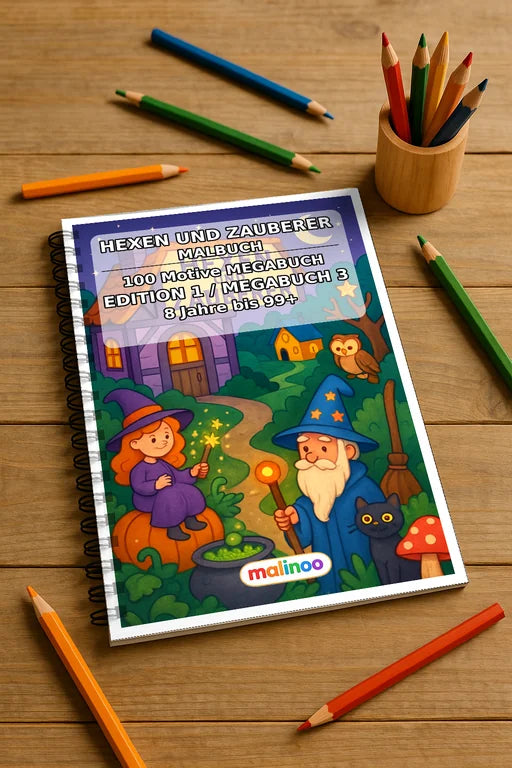 Hexen und Zauberer Malbuch 100 Ausmalbilder gedruckt und gebunden – Mockup-Ansicht