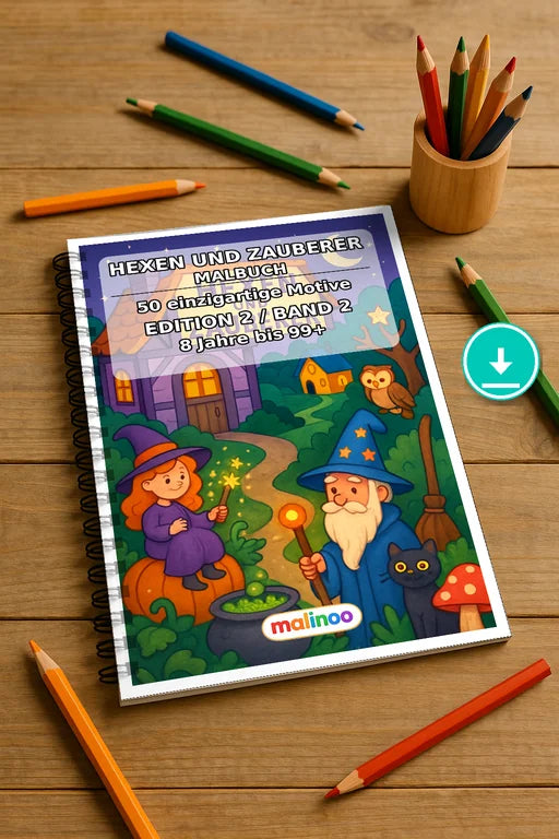Hexen und Zauberer Malbuch 50 Ausmalbilder PDF Download digital – Mockup-Ansicht