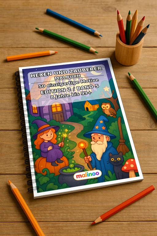 Hexen und Zauberer Malbuch 50 Ausmalbilder gedruckt und gebunden – Mockup-Ansicht