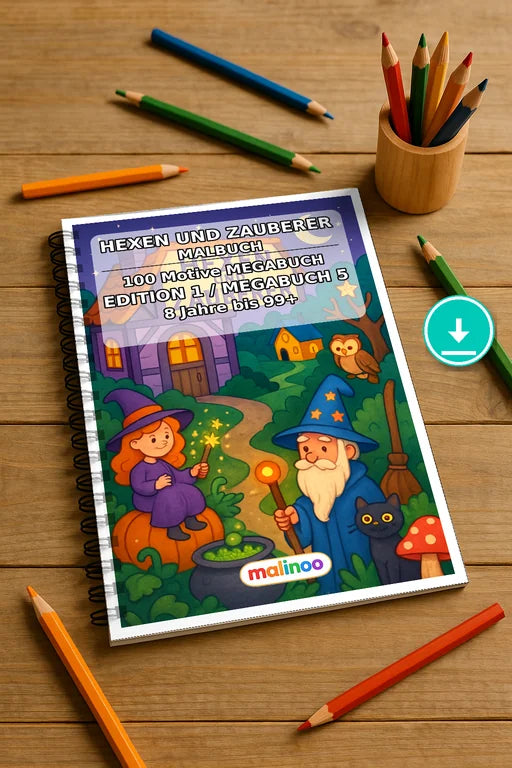 Hexen & Zauberer Malbuch 100 Ausmalbilder PDF Download – Mockup-Ansicht