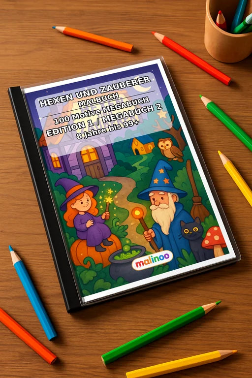 Hexen & Zauberer Malbuch 100 Ausmalbilder gedruckt+gebunden – Mockup-Ansicht