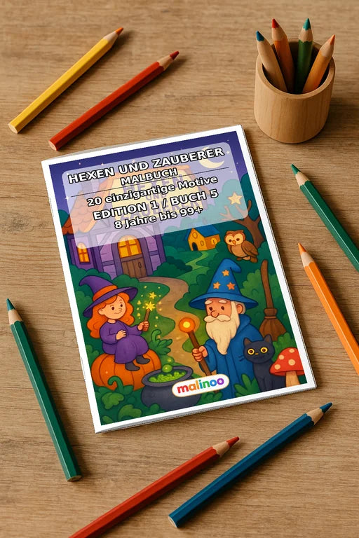 Hexen & Zauberer Malbuch 20 Ausmalbilder gedruckt+gebunden – Mockup-Ansicht