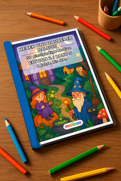 Hexen & Zauberer Malbuch 50 Ausmalbilder gedruckt+gebunden – Mockup-Ansicht