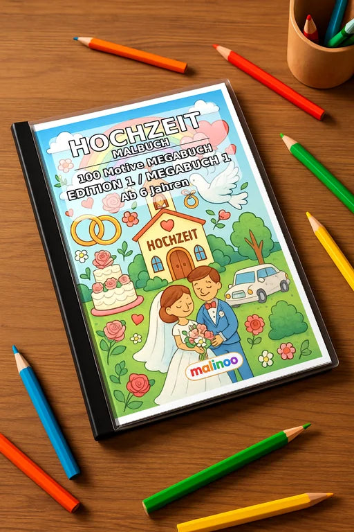 Hochzeit Malbuch 100 Ausmalbilder gedruckt+gebunden – Mockup-Ansicht