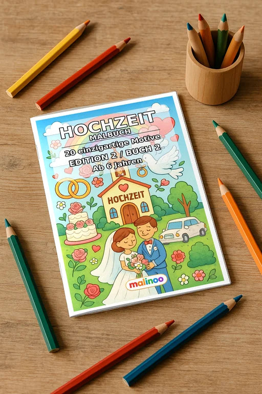 Hochzeit Malbuch 20 Ausmalbilder gedruckt+gebunden – Mockup-Ansicht