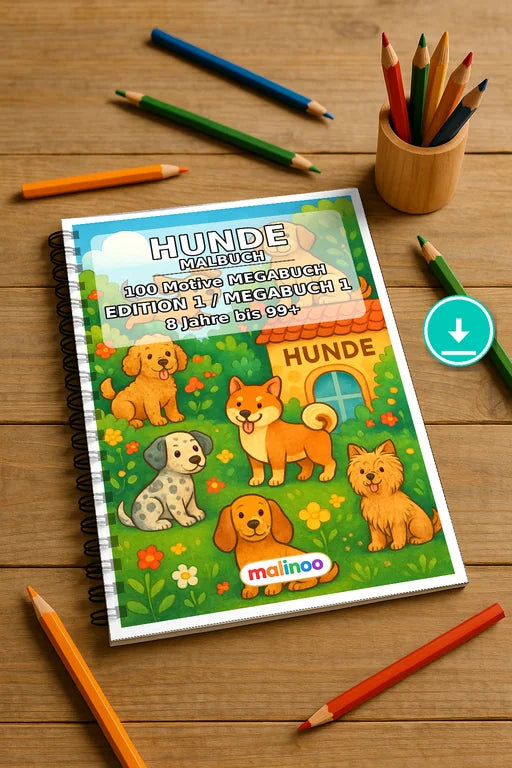 Hunde Malbuch 100 Ausmalbilder PDF Download digital – Mockup-Ansicht