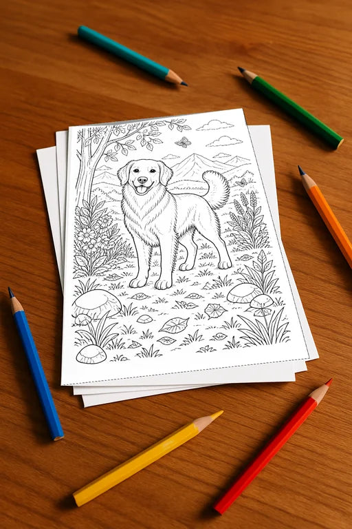 Hunde Malbuch 20 Ausmalbilder gedruckt+lose – Mockup-Ansicht