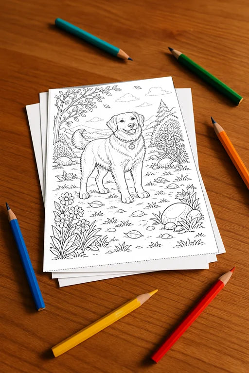 Hunde Malbuch 20 Ausmalbilder gedruckt+lose – Mockup-Ansicht