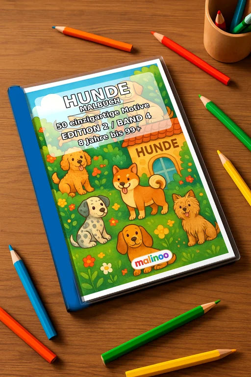 Hunde Malbuch 50 Ausmalbilder gedruckt+gebunden – Mockup-Ansicht