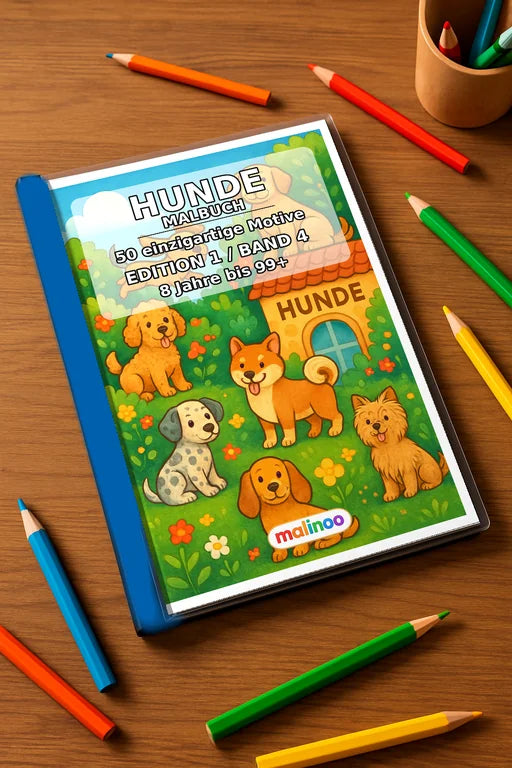 Hunde Malbuch 50 Ausmalbilder gedruckt+gebunden – Mockup-Ansicht