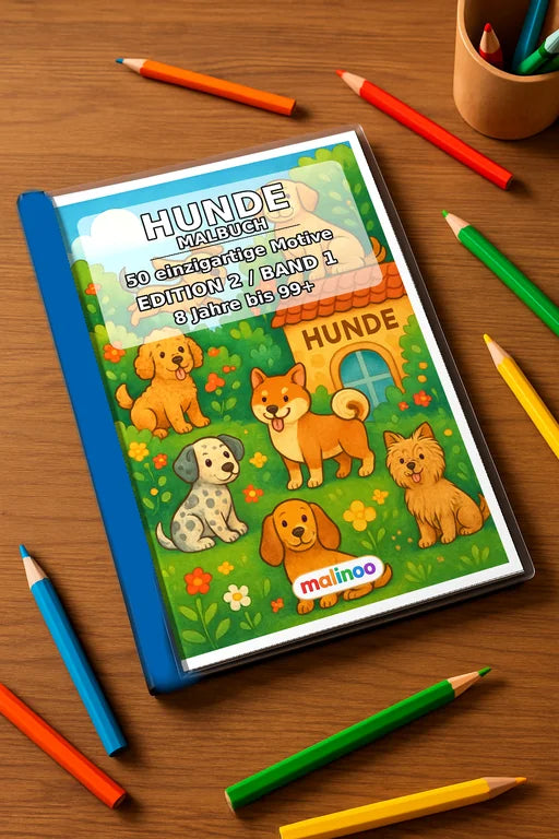 Hunde Malbuch 50 Ausmalbilder gedruckt+gebunden – Mockup-Ansicht