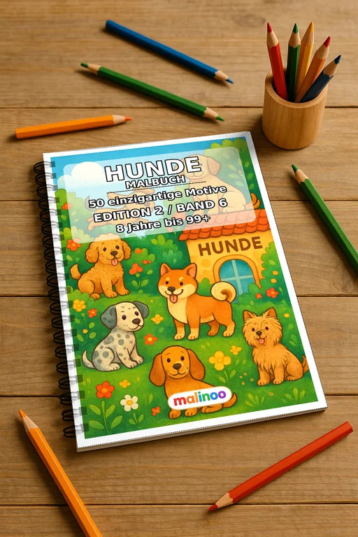 Hunde Malbuch 50 Ausmalbilder gedruckt und gebunden – Mockup-Ansicht