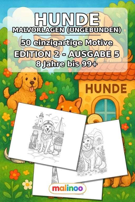 Hunde Malbuch 50 Ausmalbilder gedruckt+lose – Cover