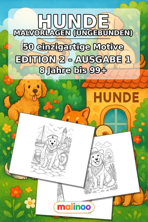 Hunde Malbuch 50 Ausmalbilder gedruckt+lose – Cover