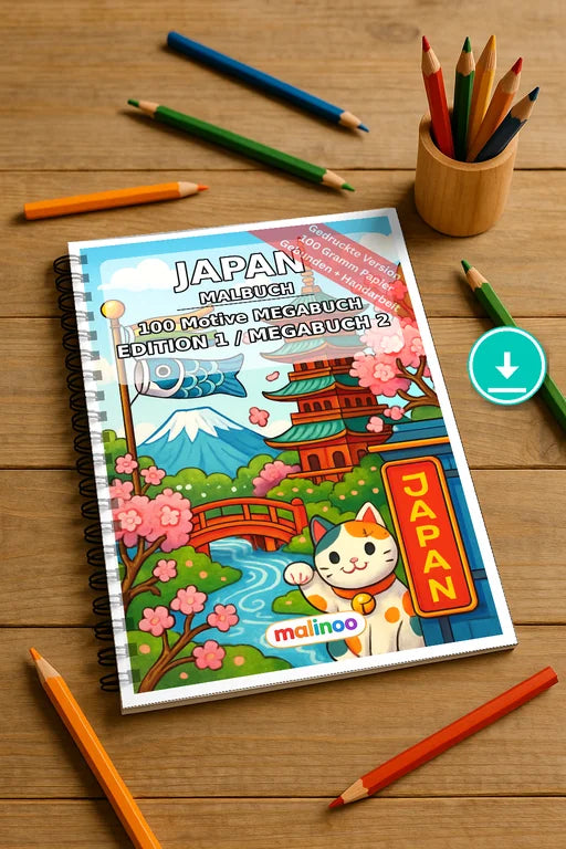 Japan Malbuch 100 Ausmalbilder PDF Download digital – Mockup-Ansicht
