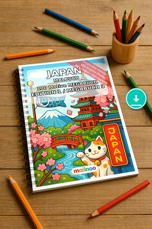 Japan Malbuch 100 Ausmalbilder PDF Download digital – Mockup-Ansicht
