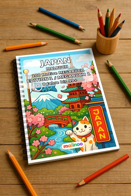 Japan Malbuch 100 Ausmalbilder gedruckt und gebunden – Mockup-Ansicht