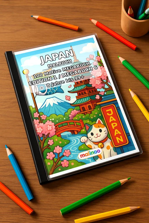 Japan Malbuch 100 Ausmalbilder gedruckt+gebunden – Mockup-Ansicht