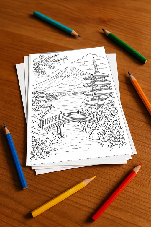 Japan Malbuch 100 Ausmalbilder gedruckt+lose – Mockup-Ansicht