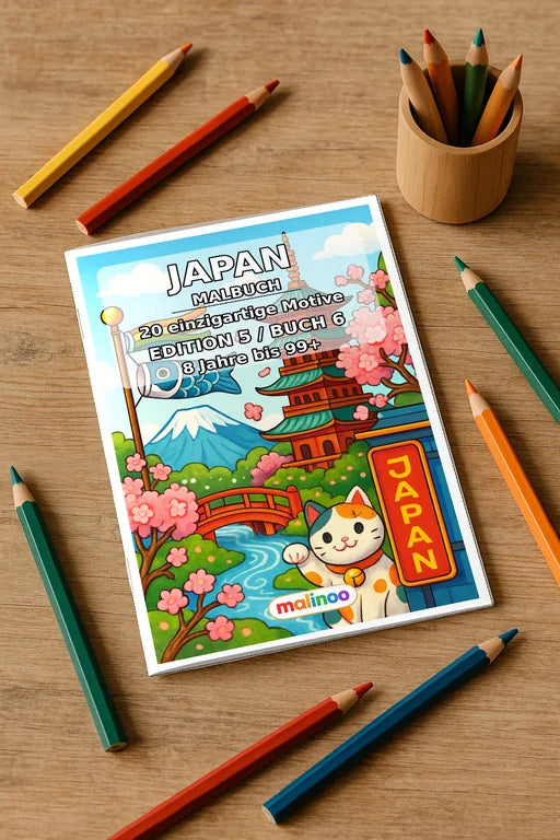 Japan Malbuch 20 Ausmalbilder gedruckt+gebunden – Mockup-Ansicht