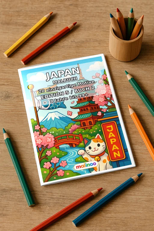 Japan Malbuch 20 Ausmalbilder gedruckt+gebunden – Mockup-Ansicht