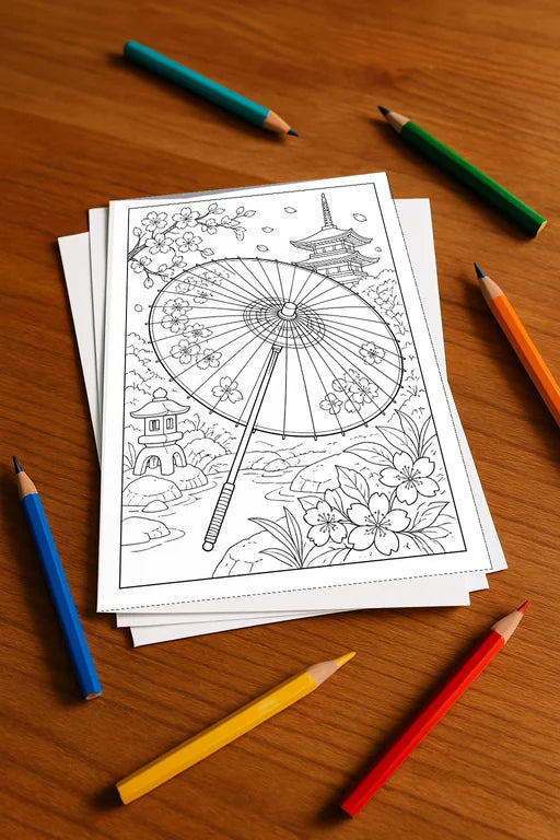 Japan Malbuch 20 Ausmalbilder gedruckt+lose – Mockup-Ansicht