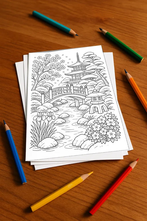 Japan Malbuch 20 Ausmalbilder gedruckt+lose – Mockup-Ansicht