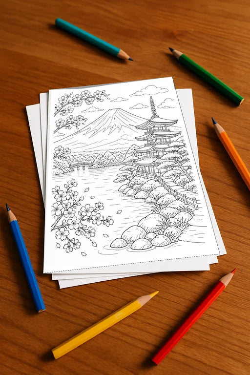 Japan Malbuch 20 Ausmalbilder gedruckt+lose – Mockup-Ansicht
