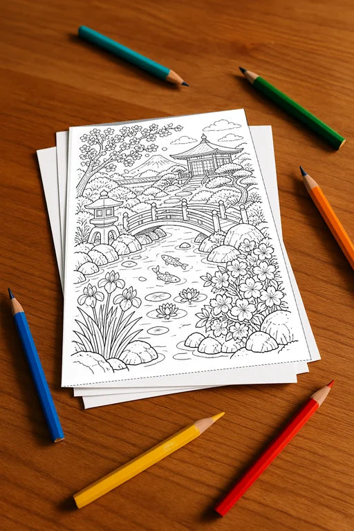 Japan Malbuch 20 Ausmalbilder gedruckt, ungebunden – Mockup-Ansicht