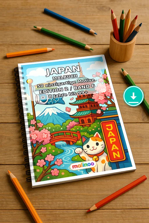 Japan Malbuch 50 Ausmalbilder PDF Download digital – Mockup-Ansicht