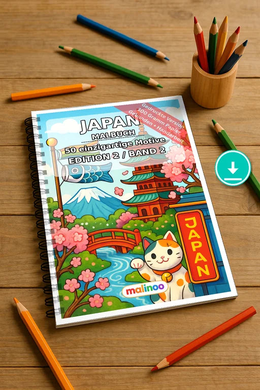 Japan Malbuch 50 Ausmalbilder PDF Download digital – Mockup-Ansicht