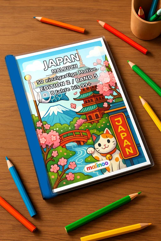 Japan Malbuch 50 Ausmalbilder gedruckt+gebunden – Mockup-Ansicht