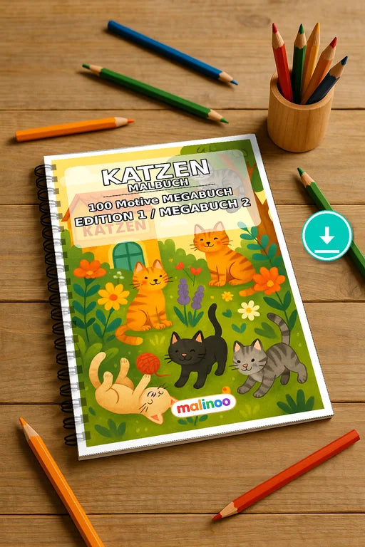 Katzen Malbuch 100 Ausmalbilder PDF Download digital – Mockup-Ansicht