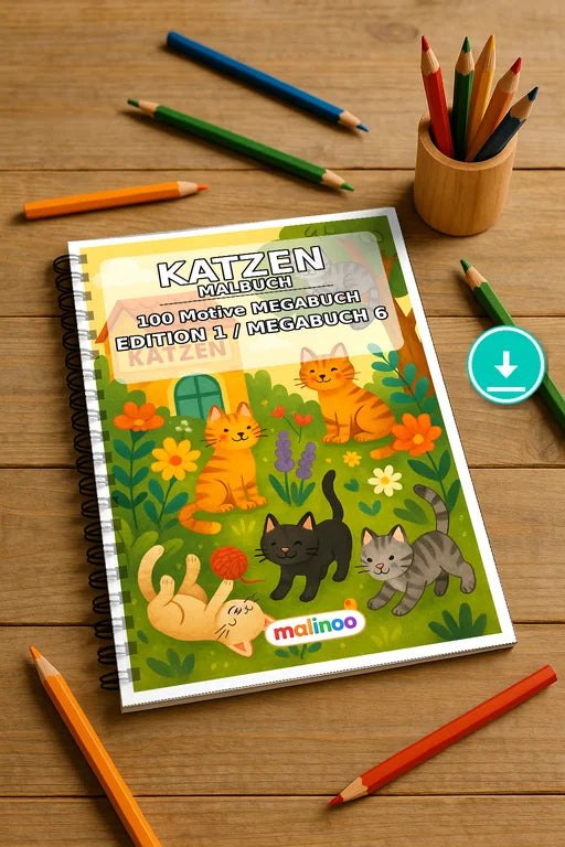 Katzen Malbuch 100 Ausmalbilder PDF Download digital – Mockup-Ansicht